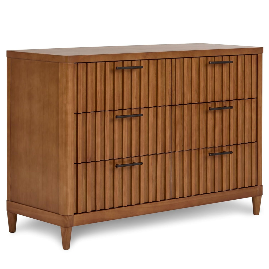 Modern wooden dresser with three drawers, slatted front design, and metal handles