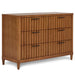 Modern wooden dresser with three drawers, slatted front design, and metal handles