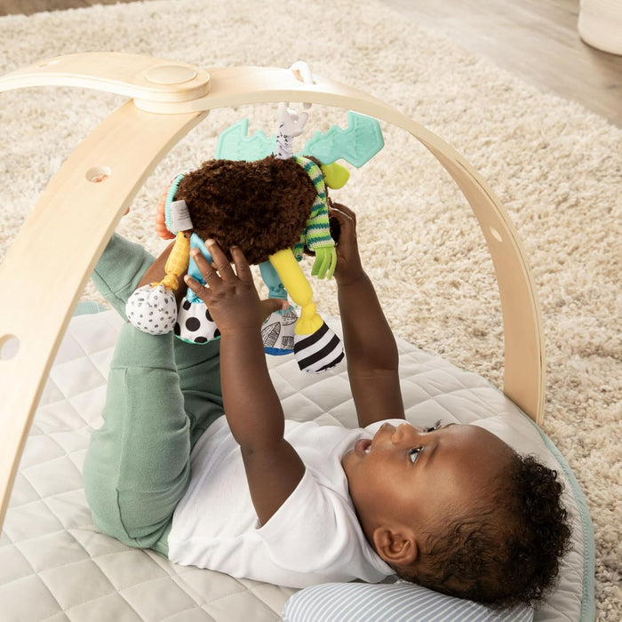 Baby activity gym with plush moose toy, shown with baby playing on soft play mat indoors.