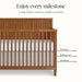 Wooden baby crib with three adjustable mattress height positions for newborn, rolling over, and standing stages.