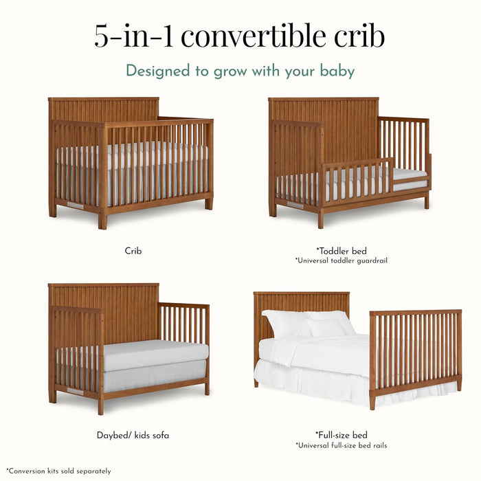 Wooden 5-in-1 convertible crib shown as crib, toddler bed, daybed, and full-size bed.