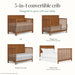 Wooden 5-in-1 convertible crib shown as crib, toddler bed, daybed, and full-size bed.
