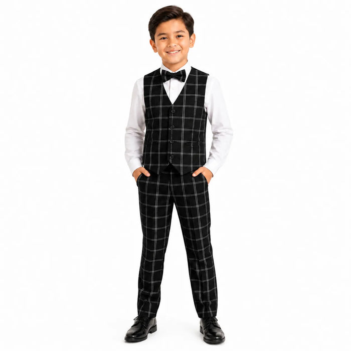 Fancy Kids®  Black Plaid Vest Suit Set with Bow Tie Sizes 2-20
