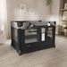 Black and grey baby playpen with mesh sides and changing station in a modern nursery room
