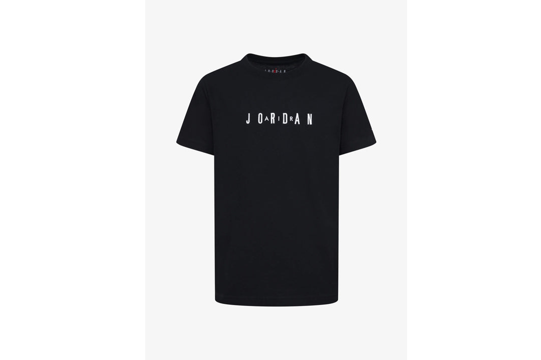 Jordan kids' black t-shirt with white logo text, shown laid flat on a white background.