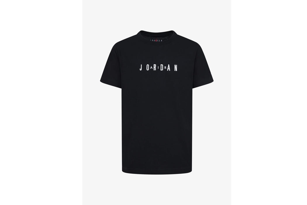 Jordan kids' black t-shirt with white logo text, shown laid flat on a white background.