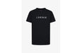 Jordan kids' black t-shirt with white logo text, shown laid flat on a white background.