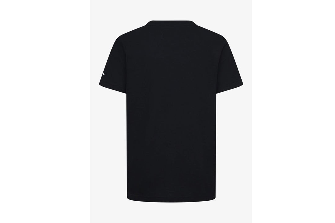 Kids black short sleeve t-shirt shown from the back on a plain white background.