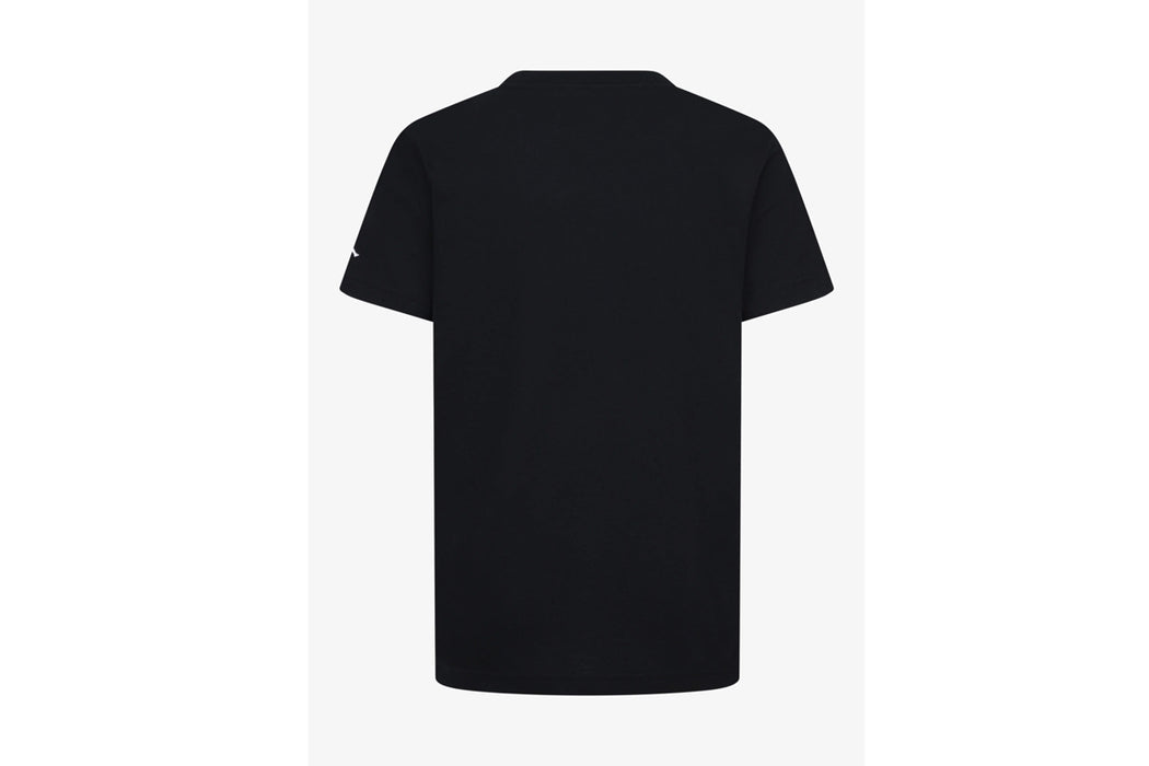 Kids black short sleeve t-shirt shown from the back on a plain white background.