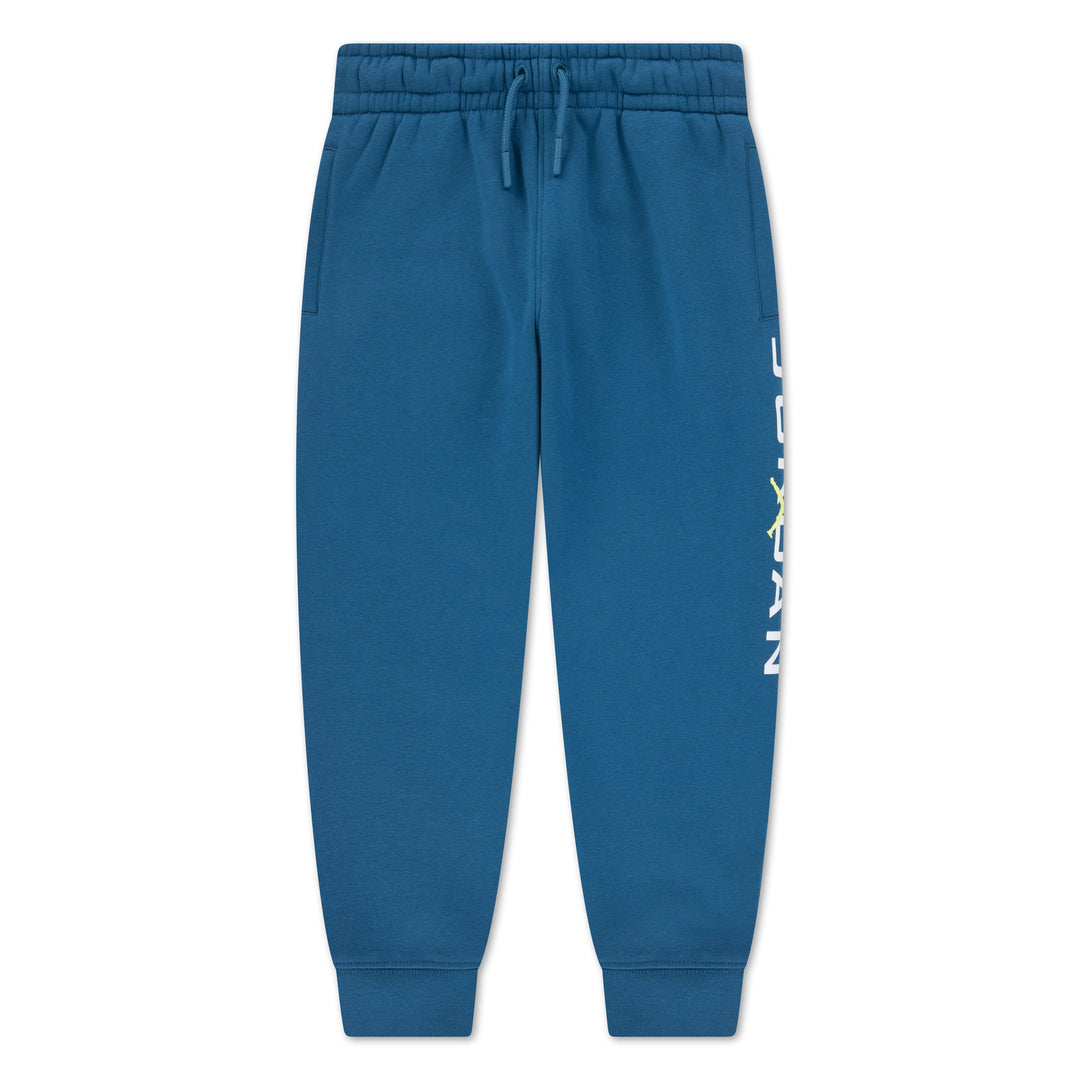 Blue Jordan kids' sweatpants with elastic waistband and side pockets, laid flat on white background.