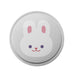 Round pink kids pacifier clip with cute bunny face design shown on a white background.