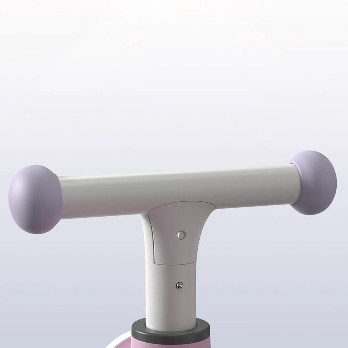 Pink and white scooter handlebar with purple rubber grips against a plain background.