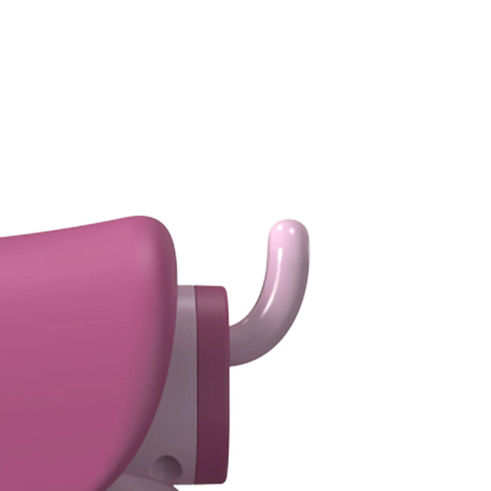 Pink potty training seat with raised handle shown in close-up against a white background.