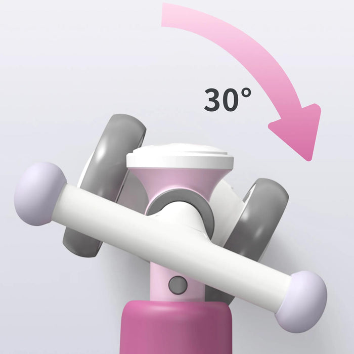 Pink and white kids' scooter handlebar showing 30-degree tilt feature with arrow graphic.