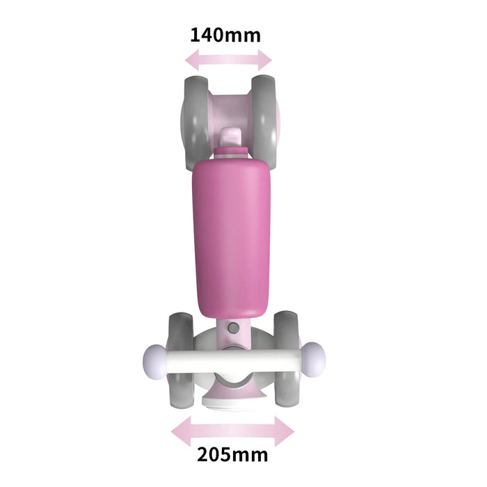 Pink kids' scooter top view showing handlebar and wheel width dimensions in millimeters.
