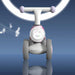 Pink and white toddler ride-on toy bike with bunny face and musical notes, shown on a blue background.