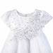 White baby dress with floral lace appliqué and pearls shown on a plain background.