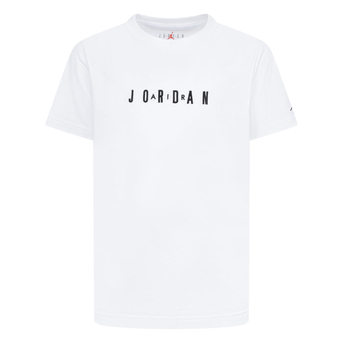 Kids' white Jordan t-shirt with black printed logo displayed on a plain background.