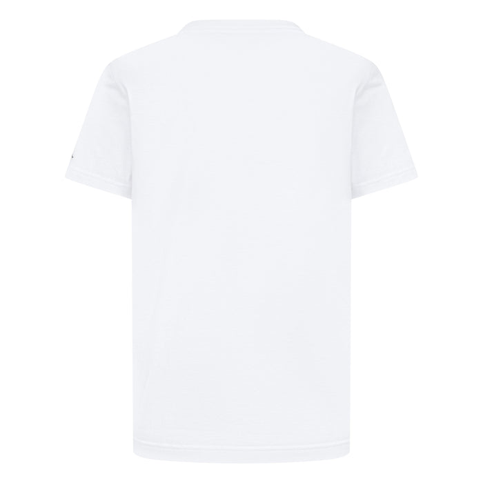 Kids white short sleeve t-shirt shown flat with back facing the viewer on a plain background.