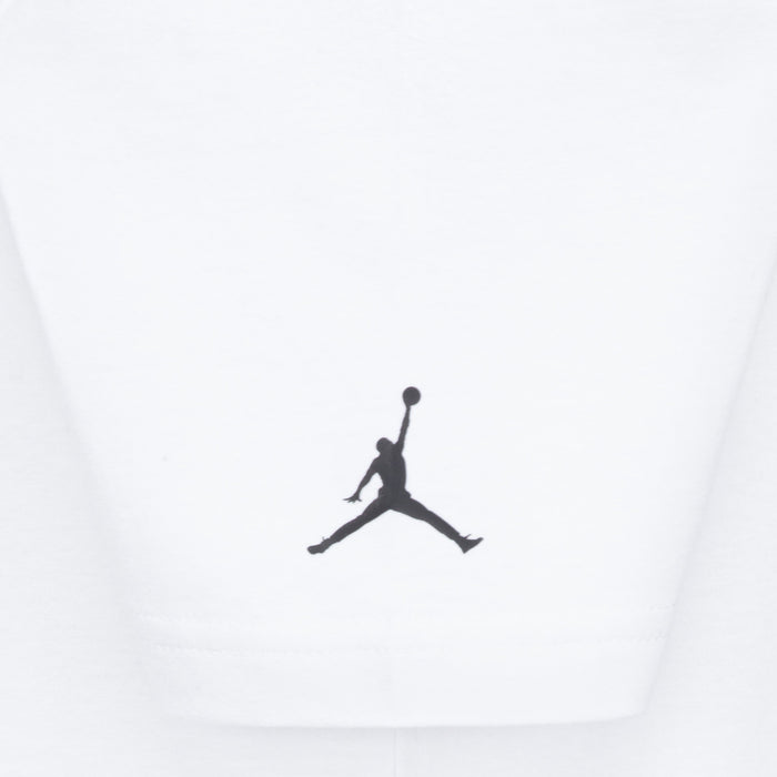 White t-shirt with black Jumpman basketball logo on the front center.