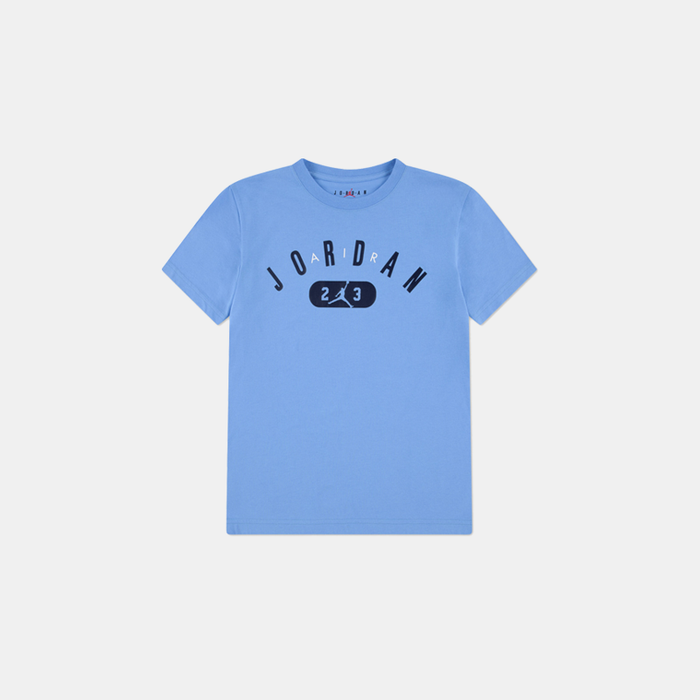 Jordan kids blue t-shirt with a black logo and number 23, shown flat on a white background.