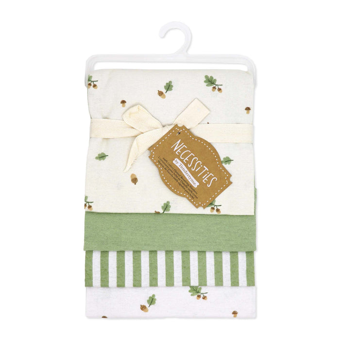 Trend Lab Necessities baby receiving blankets set in green and white, folded on a hanger.