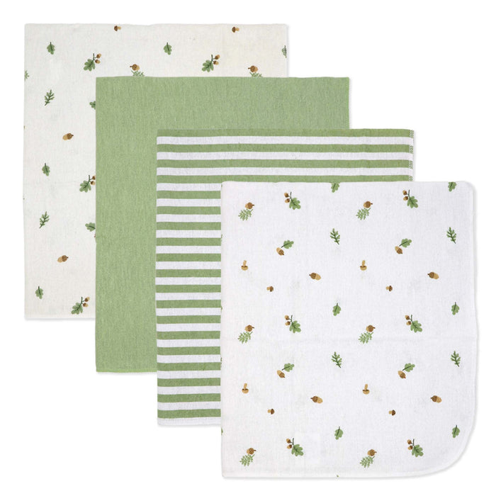 Muslin baby washcloth set in green and white with acorn and leaf patterns, layered flat.