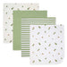 Muslin baby washcloth set in green and white with acorn and leaf patterns, layered flat.