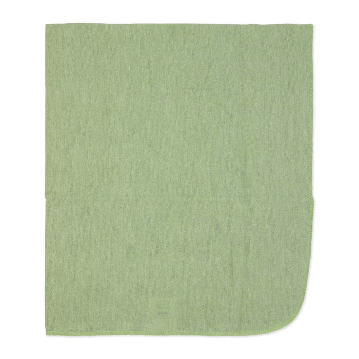 Light green baby blanket laid flat on a white background, showing soft fabric texture.