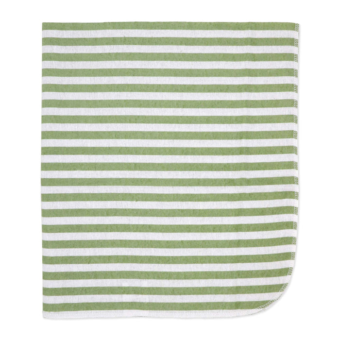 Green and white striped baby blanket neatly laid flat on a white background.