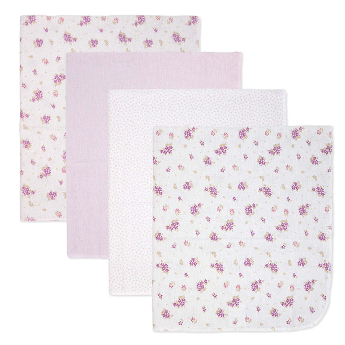 Flannel receiving blankets four-pack with pink floral and polka dot designs, laid flat.