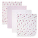 Flannel receiving blankets four-pack with pink floral and polka dot designs, laid flat.