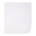 White baby blanket with small pink floral print laid flat on a plain background.
