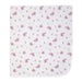 White baby muslin blanket with small purple floral print, shown flat on a white background.