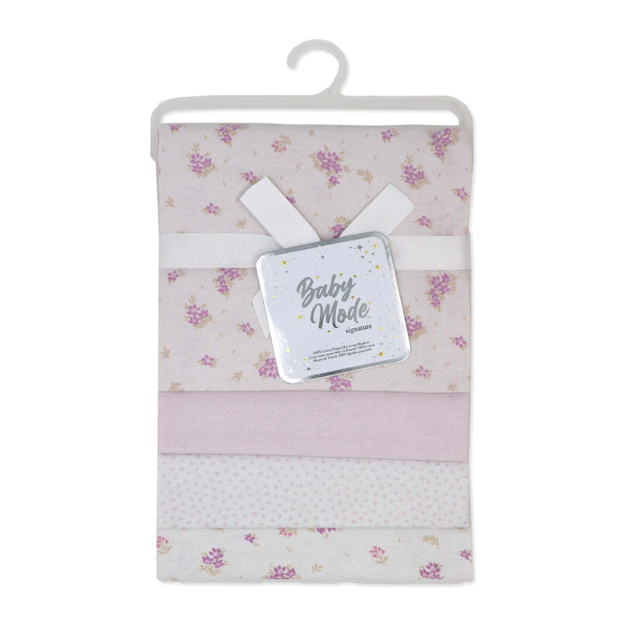 Baby Mode floral receiving blankets in pink and white, neatly folded with a hanger.