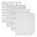 Set of four baby muslin blankets in neutral patterns, neatly stacked on a white background.