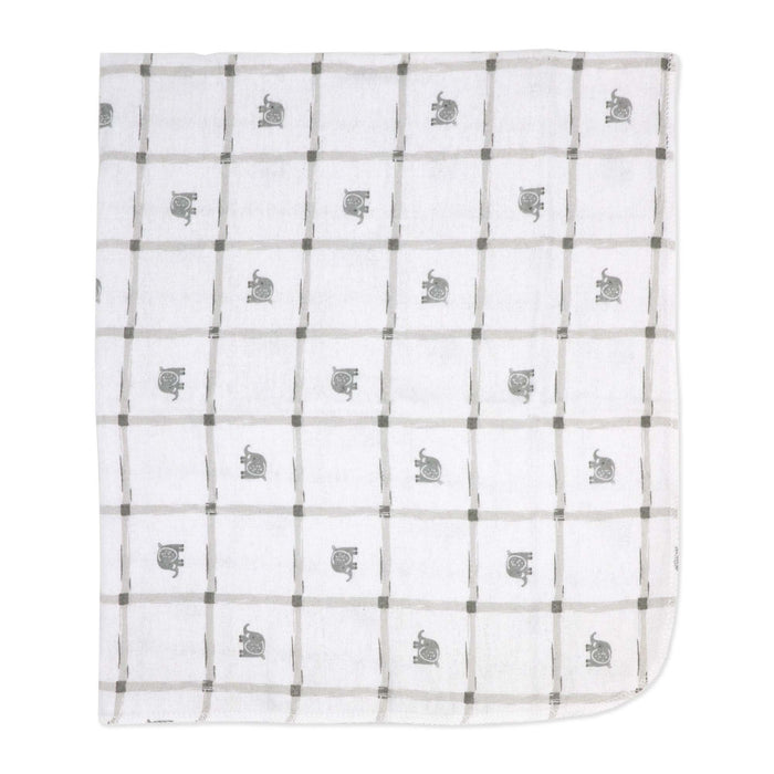 Baby muslin swaddle blanket with gray elephant and grid pattern laid flat.
