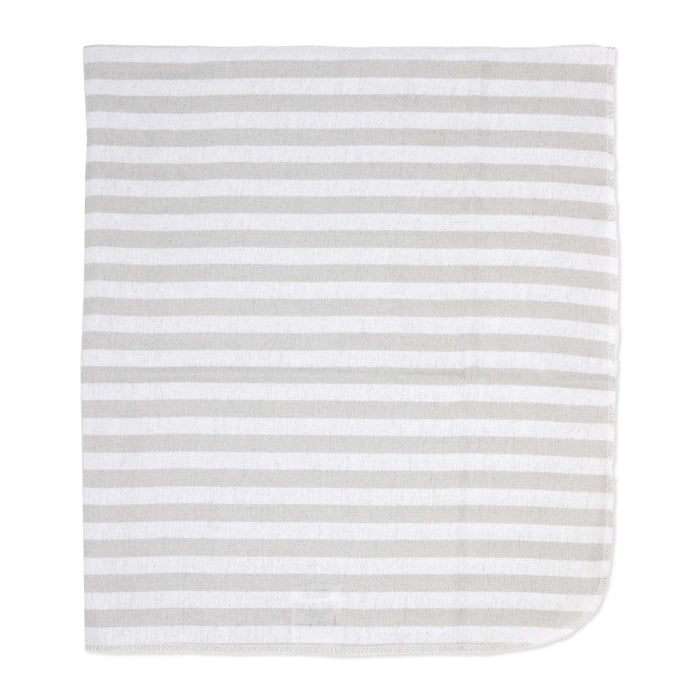 Soft baby blanket with grey and white stripes displayed flat on a white background.