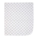 White quilted baby blanket with grey diamond pattern shown flat on a white background.
