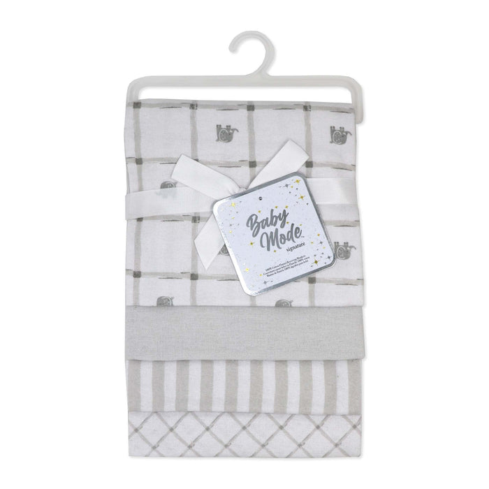 Baby Mode grey and white muslin blanket set neatly folded with a ribbon and hanger.