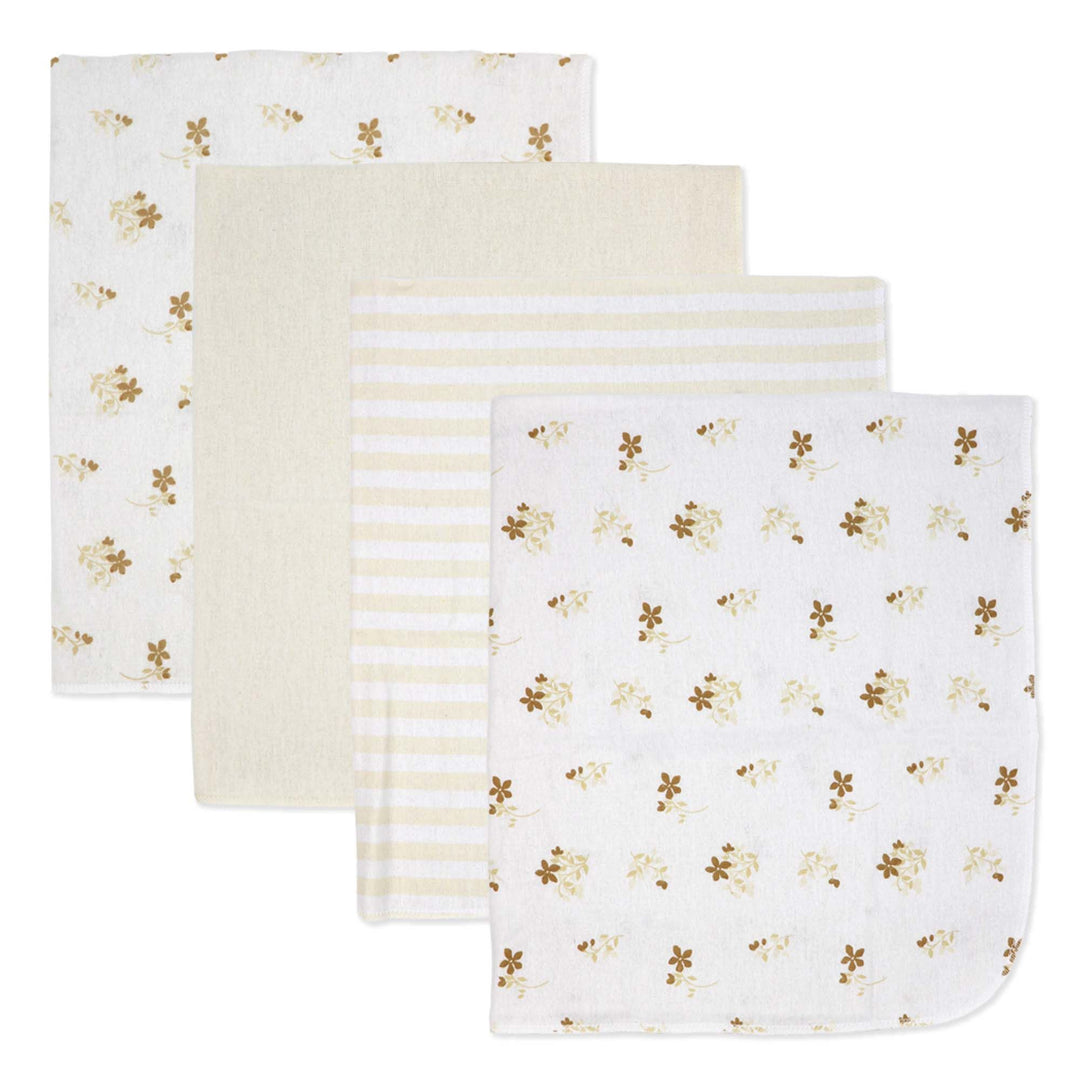 Set of four baby flannel receiving blankets with floral, striped, and solid patterns, laid flat.