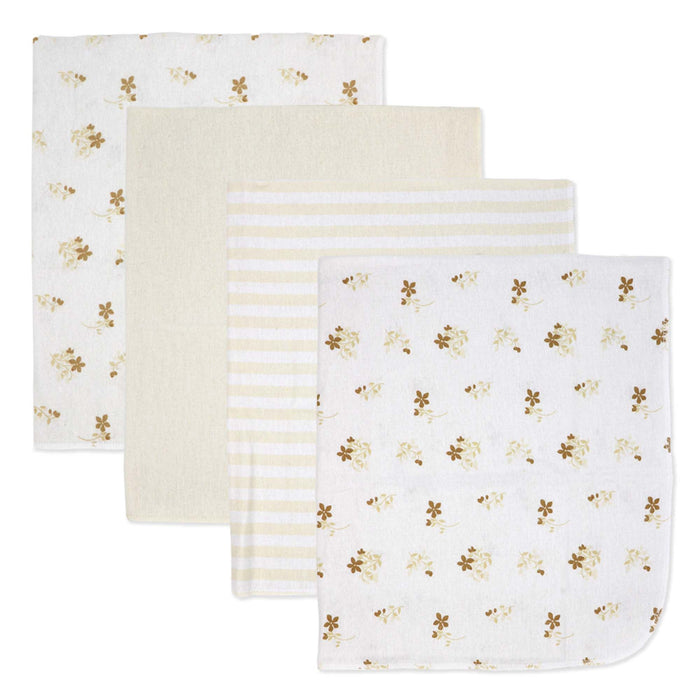 Set of four baby flannel receiving blankets with floral, striped, and solid patterns, laid flat.