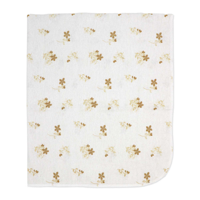Baby blanket with brown floral print laid flat on a white background.