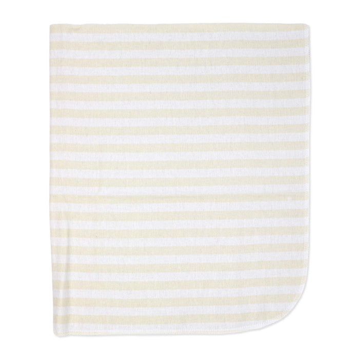 Cotton baby blanket with beige and white stripes neatly folded on a white background.