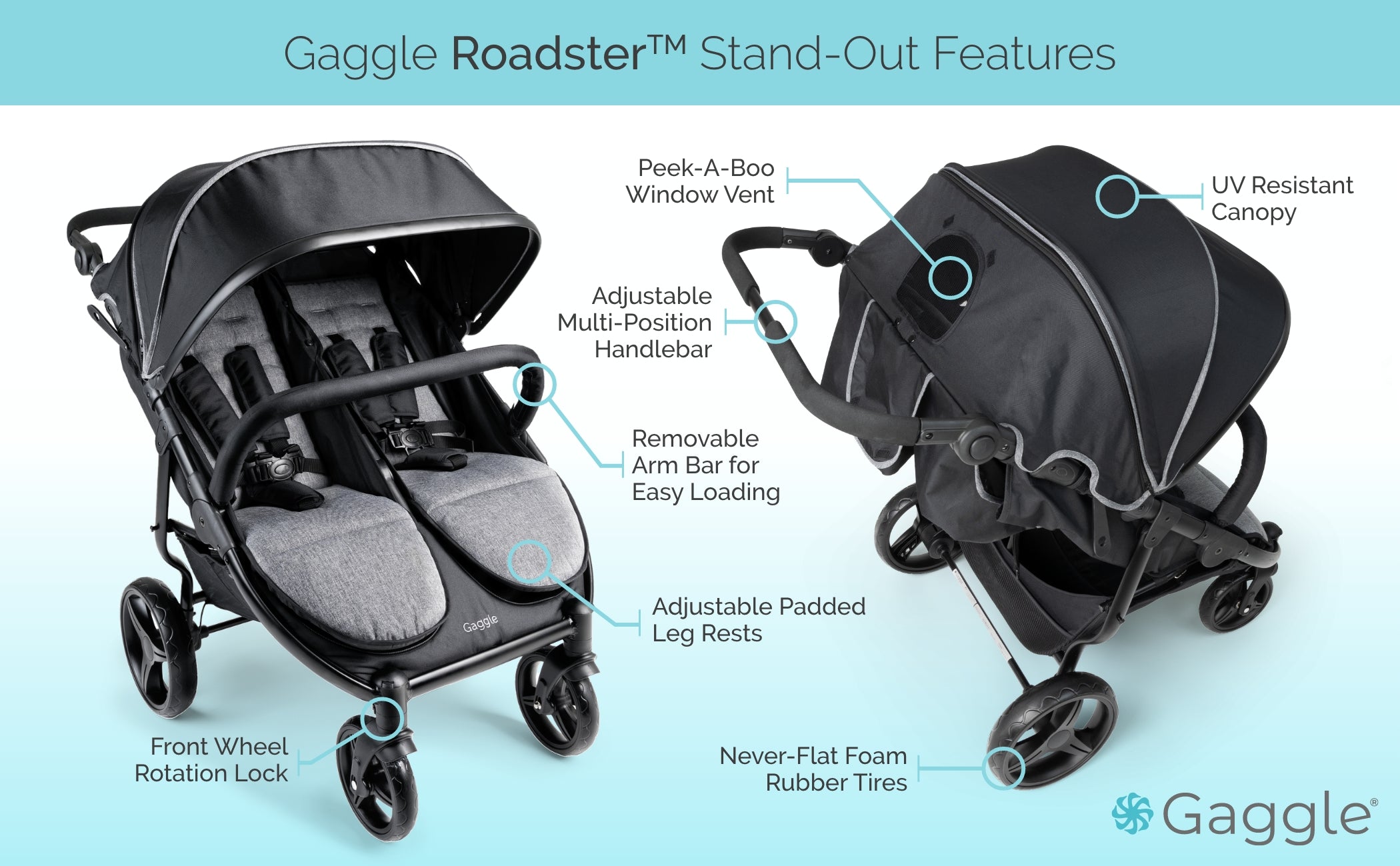Foundations Gaggle Roadster Duo™ Side-by-Side Double Stroller – Lightweight, Durable 2-Seat Baby Stroller