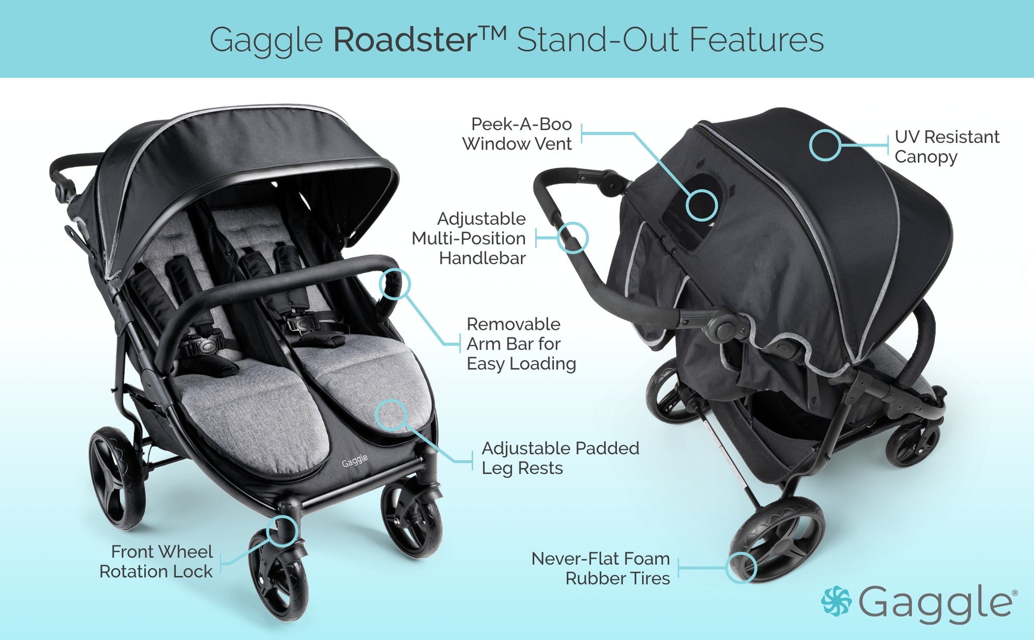 Foundations Gaggle Roadster Duo™ Side-by-Side Double Stroller – Lightweight, Durable 2-Seat Baby Stroller