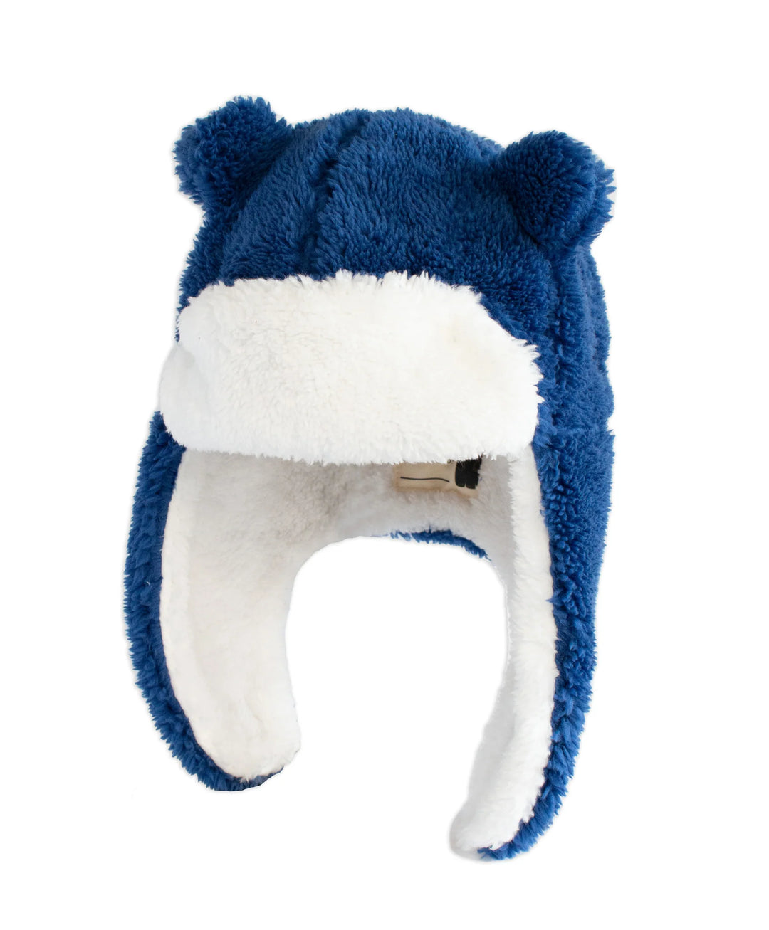 Blue fleece baby winter hat with ear flaps and bear ears, white lining