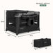 Black and grey portable baby playard with changer and storage, labeled with dimensions and weight.