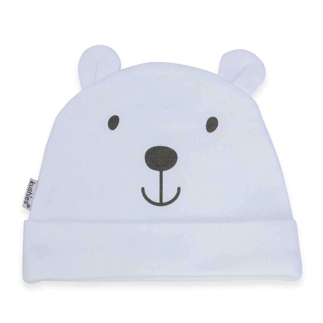Light blue baby hat with bear face print and bear ears, infant clothing accessory