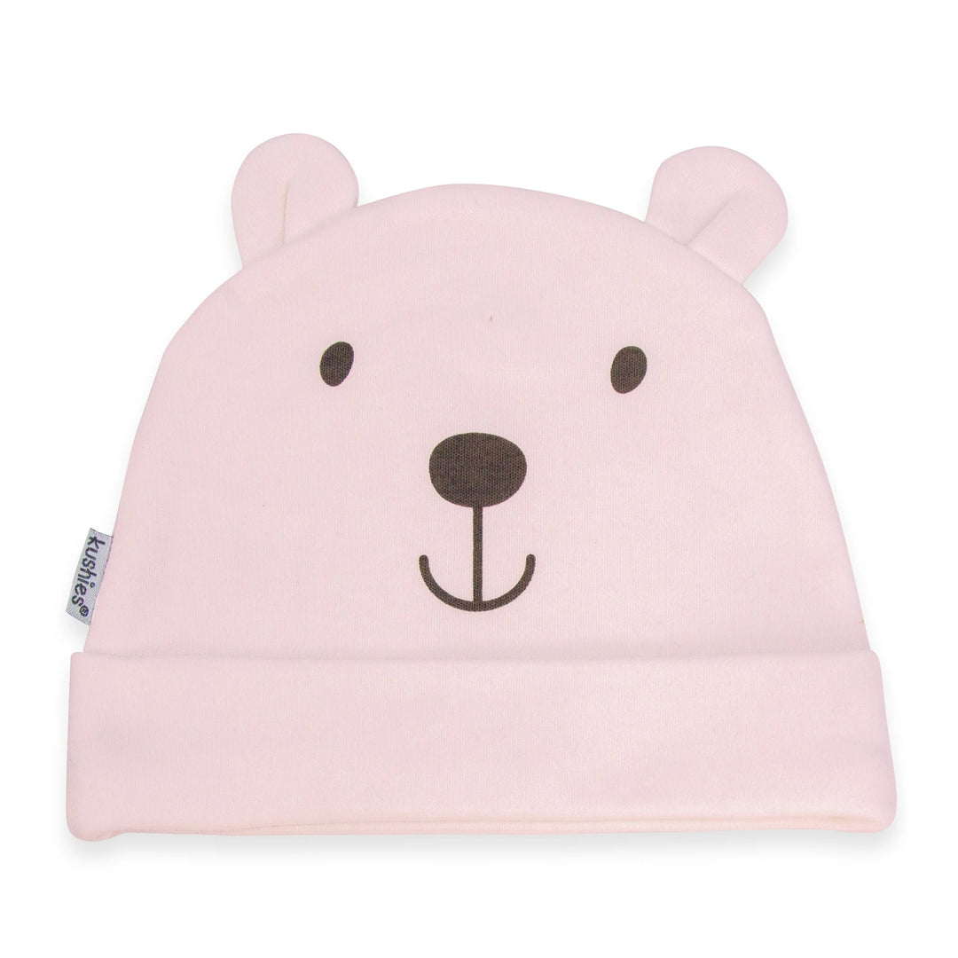 Pink baby hat with bear face and ears, infant clothing accessory